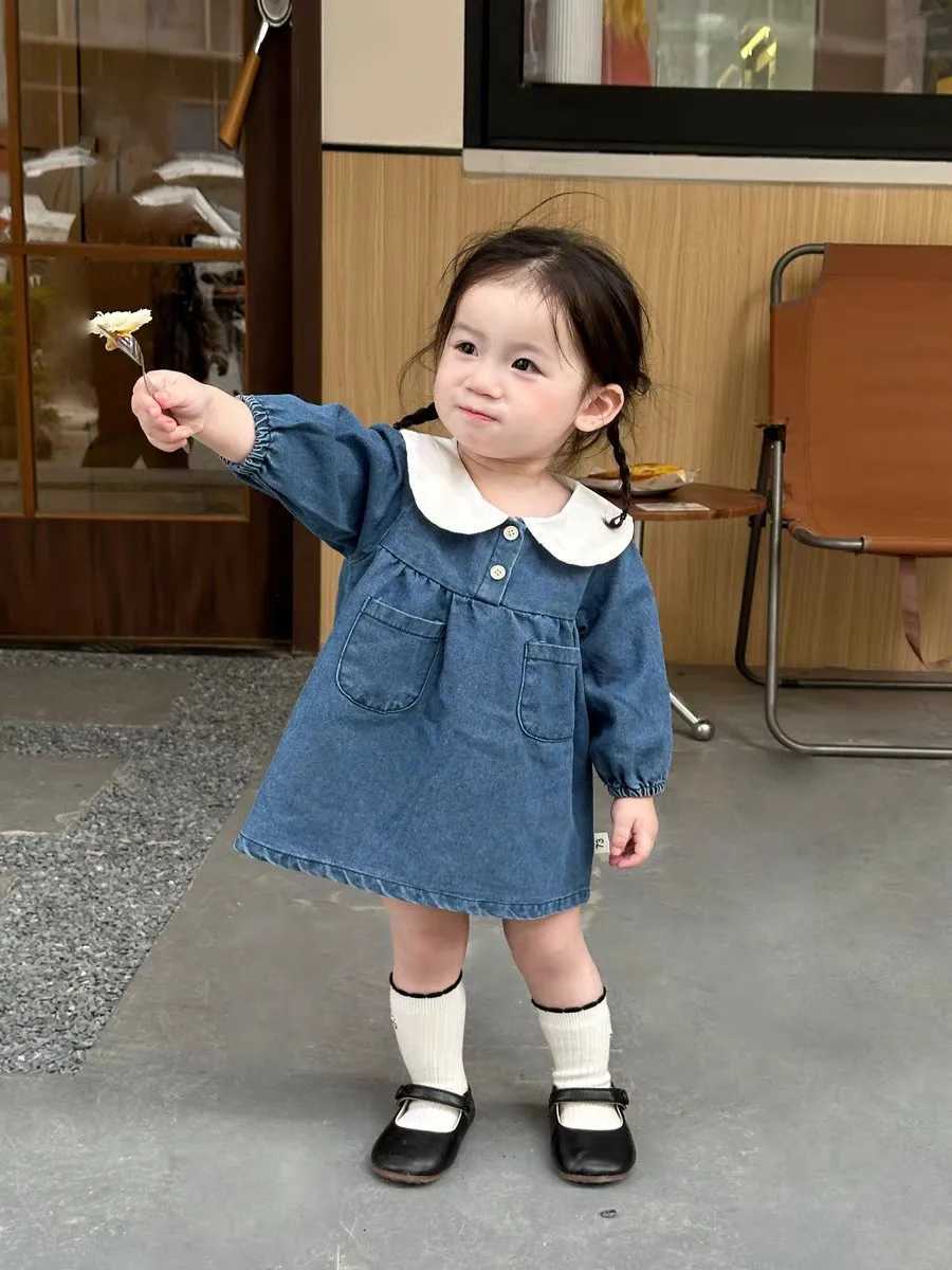 Q2495 Korean Style Spring Autumn Baby Dress Cute Loose Lapel Long Sleeve Soft Denim Dress Doll Collar One Piece Baby OutfitT260330