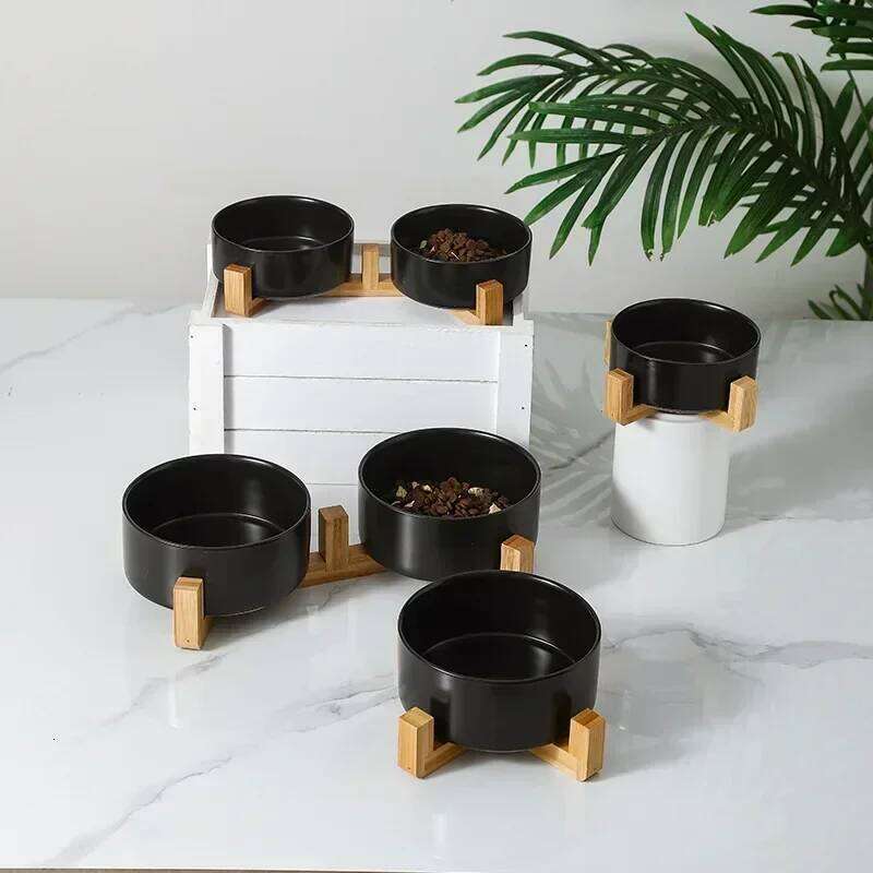 Ceramic Dog Food Cat Drinking Water Double Protection Cervical Spine Black Pet Bowl 26W0330