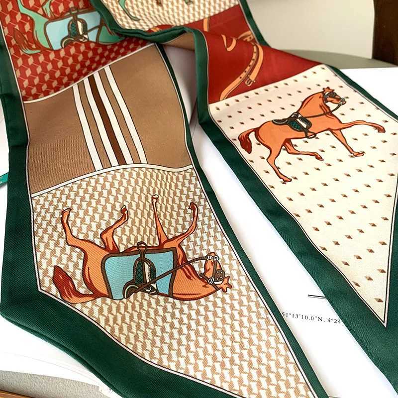 Long Silk Bag Tie Neck Skinny Scarf Hairband Foard Horse Print Brand Lady Neckerchief Ribbon 2024 Spring New X260328