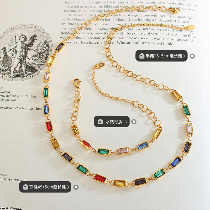 Colorful Rectangle Rhinestone Spliced Necklace Non-fading Bracelet 18k Gold Stainless Steel Multi-color Stones Luxury Designer Simple Unique Jewelry S