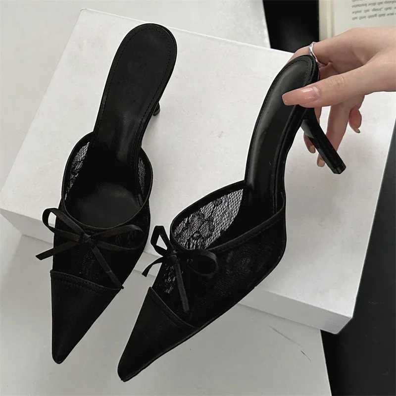 Eilyken Elegant Mesh Fabric Butterfly-knot Pointed Toe Slippers Women Sexy Thin Heels Party Prom Mule Shoes Z260330