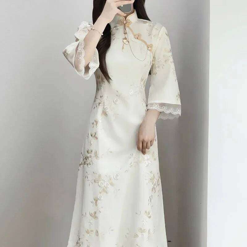 Chinese Traditional Qipao Dress Beige Flowers Printed Stand Collar Mid Sleeve Cheongsam Women Elegant Evening Dresses MAKOUFEI