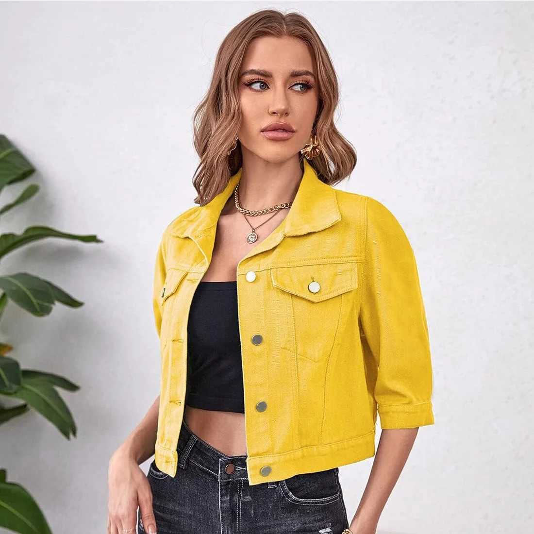 Womens Jean Jacket Cropped Denim Jackets Purple Yellow White Blue Stretchy 3/4 Puff Sleeve Distressed Shacket With PocketsT260328
