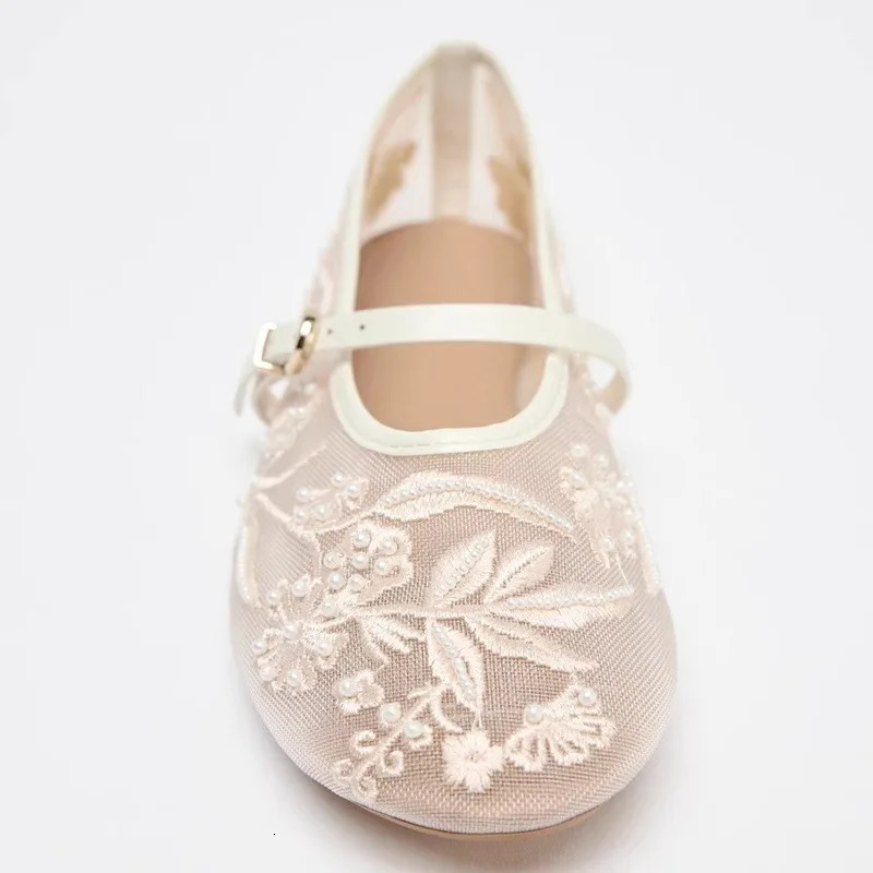 Mesh Embroidery String Bead Women Ballet Flats Fashion Buckle Breathable Mary Jane Shoe Comfort Low Heel Soft Flat Sandals 260323