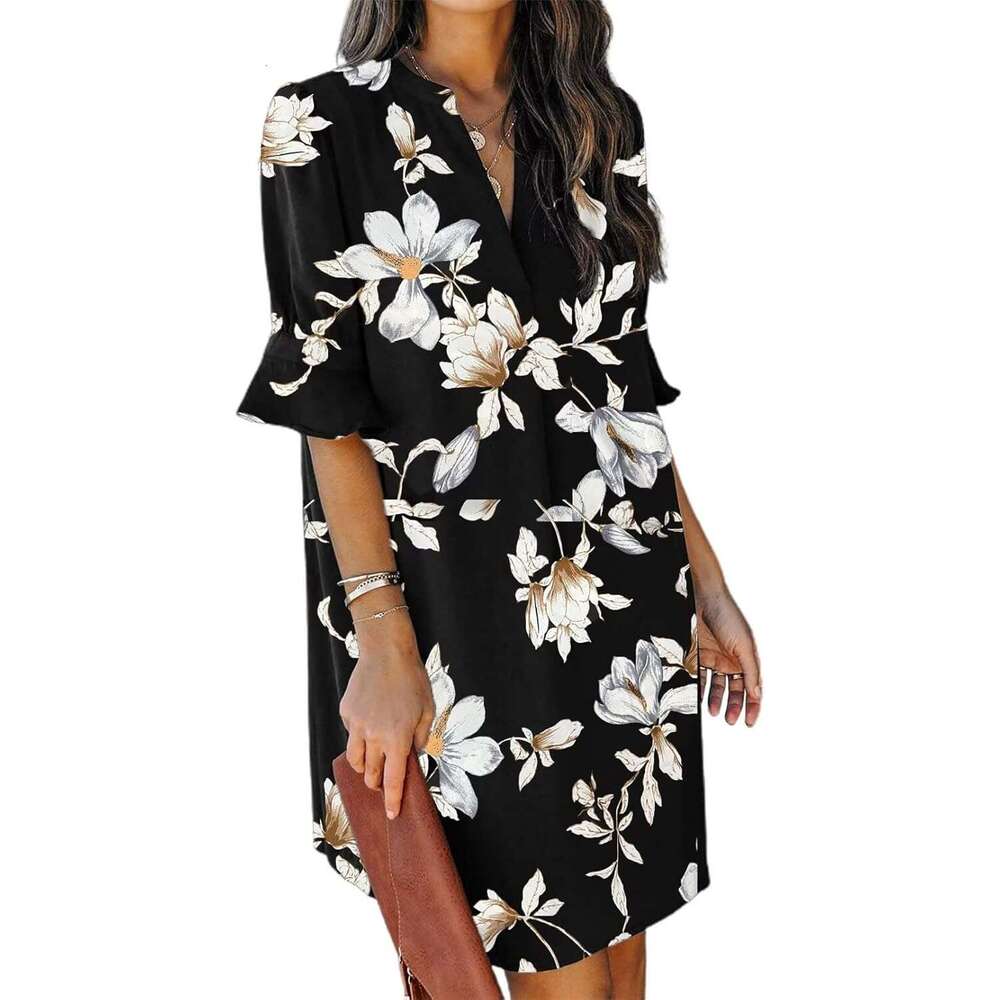 Summer Dresses For Women V Neck Ruffle Short Sleeve Casual Shift Dress Qipao Hanfu Silk