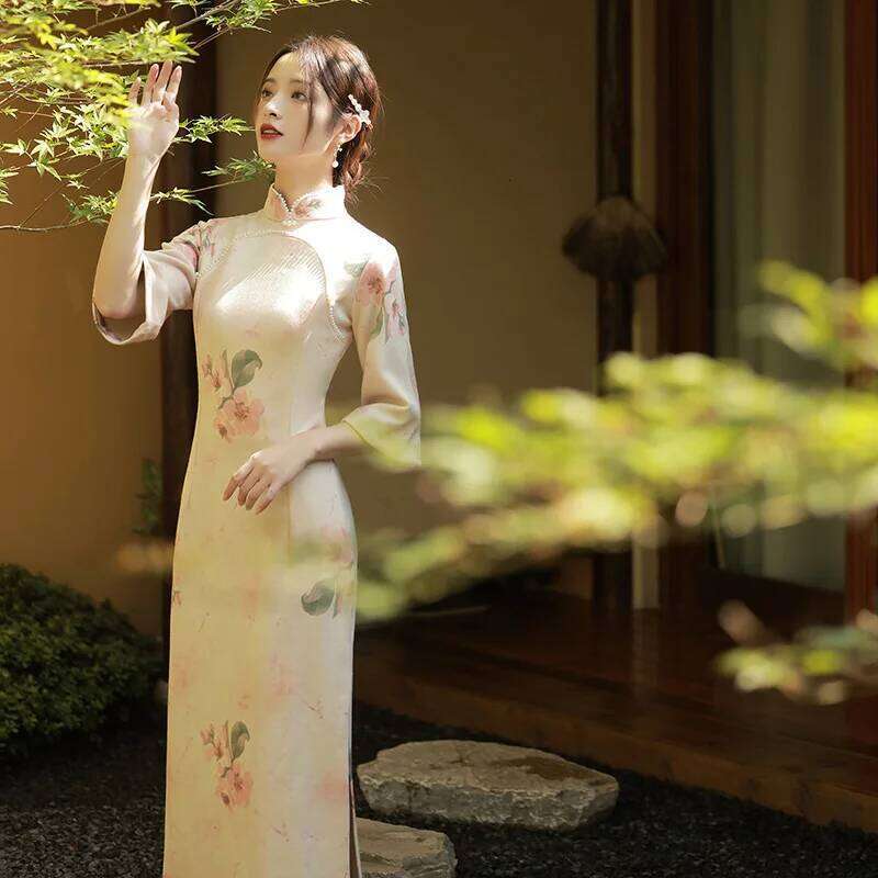 Pink Cheongsam Women2022 New Improved Qipao Spring Vintage Style Suede Young Girl 3/4 Sleeve Long Dresses MAKOUFEI