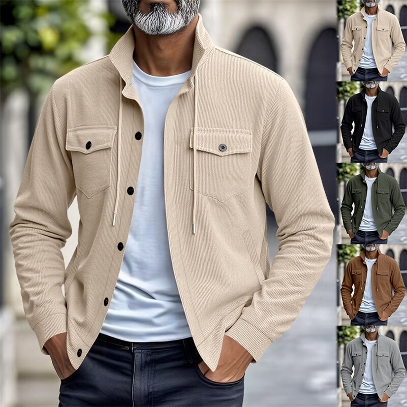 American heavy corduroy mens jacket simple and versatile multi-pocket stand-up collar long-sleeved jacket 260327