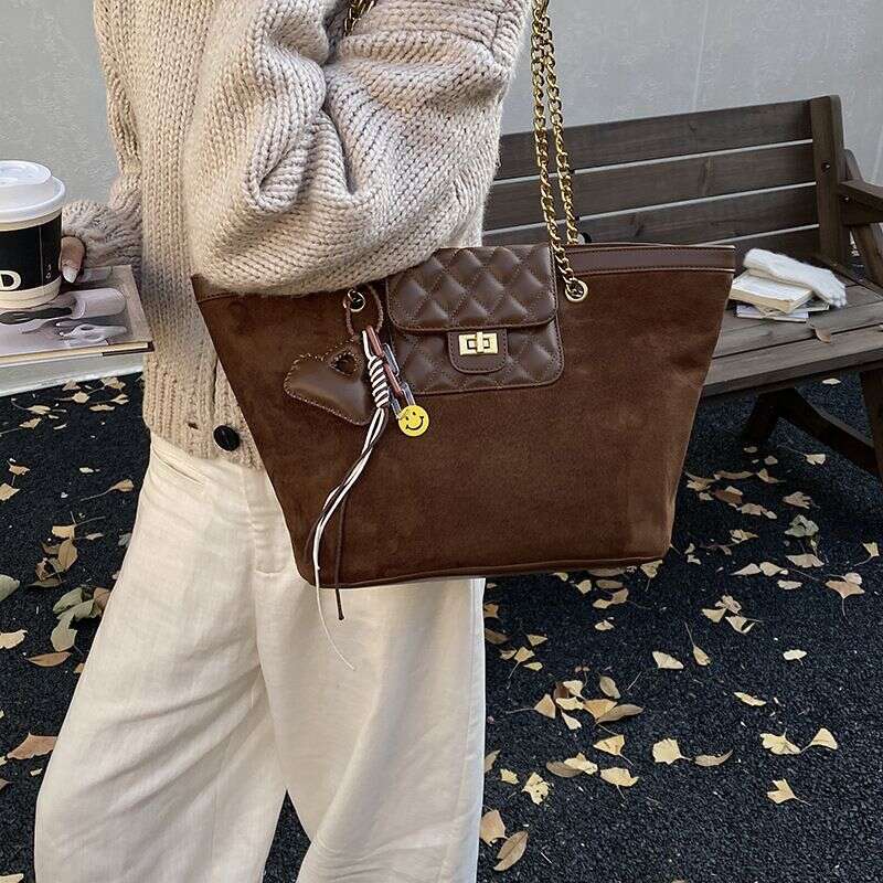 Chic Suede Tote With Chain Strap Large Crossbody Shoulder Bag For Work Weekend Black Brown Tan Khaki Liksusie
