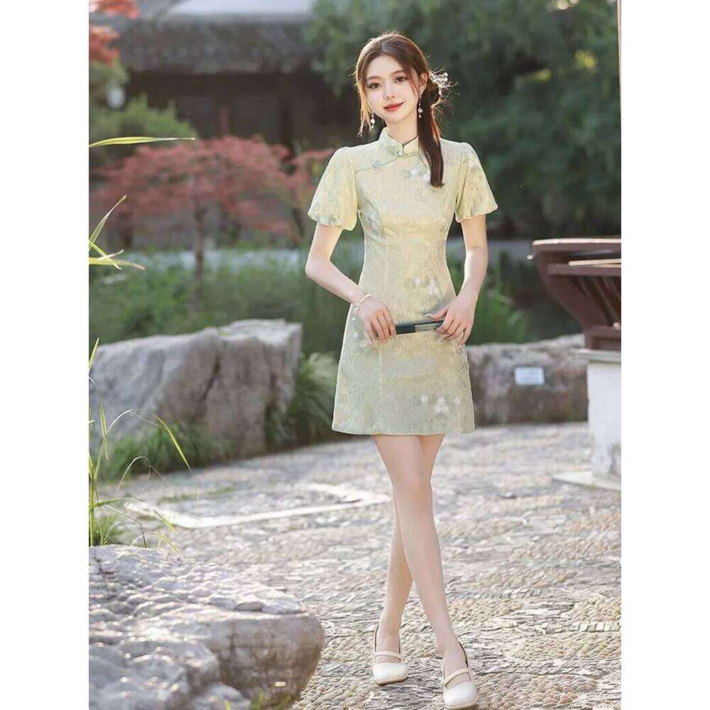 Women Green Improved Cheongsam Slim Vintage Floral Short Dress Summer Party Costumes Sweet Qipao S To XXL MAKOUFEI