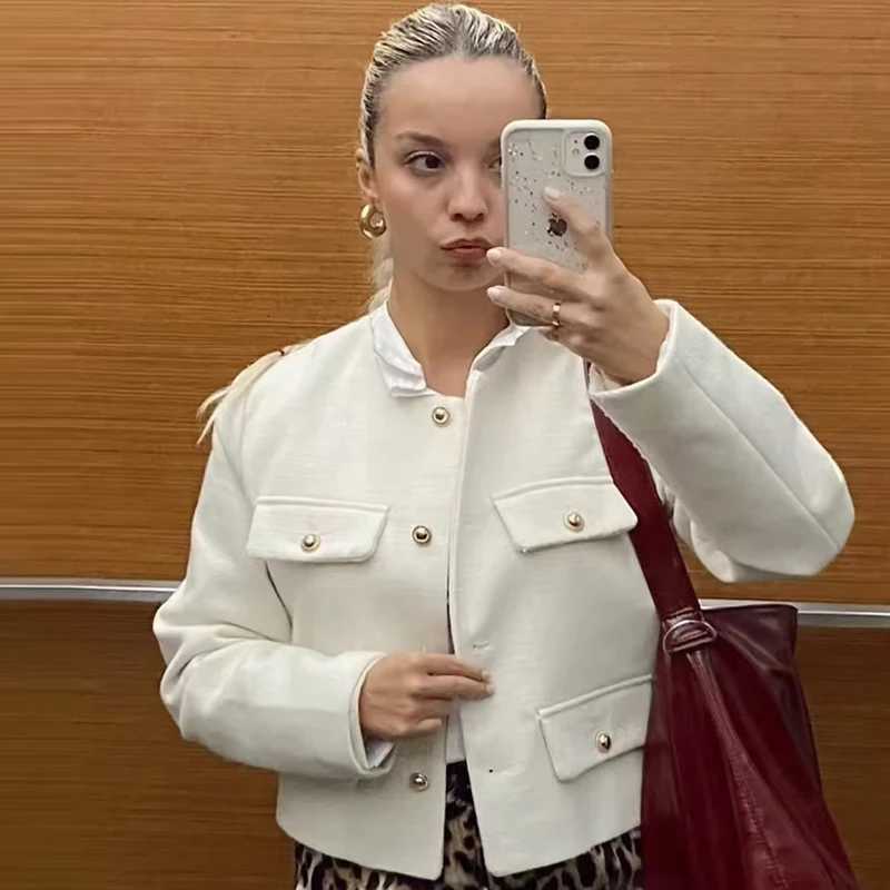 HXAO Tweed Bomber Jacket Womens Jackets Autumn 2025 Cropped Button Up Outerwears Elegant Fashion o-Neck Long Sleeve Top FemaleT260328