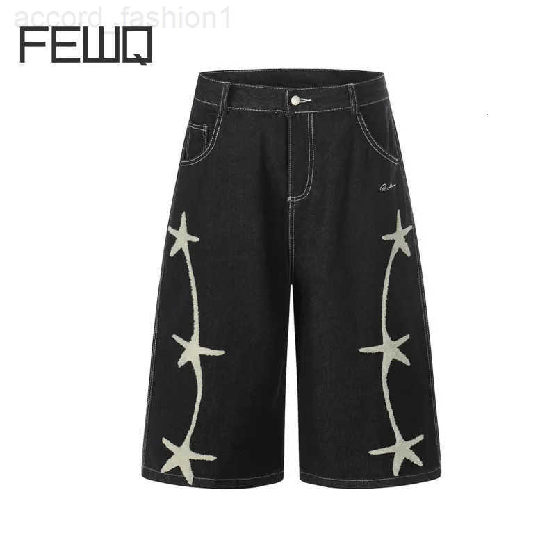 FEWQ 2026 New American Retro Mens Denim Shorts Star Embroidered Decoration Straight Leg Male Pants 24W1341 H260330