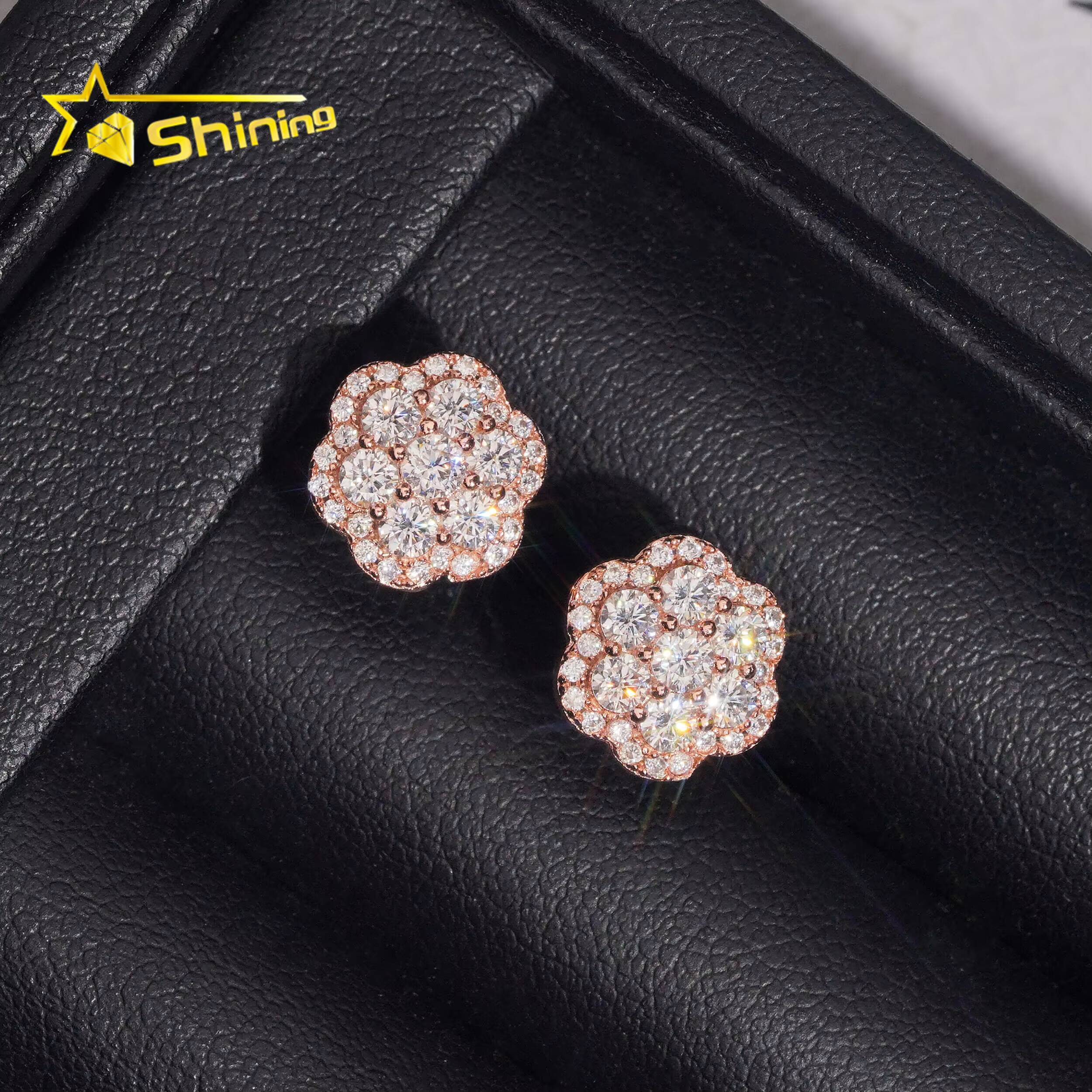 Fine Jewelry Iced Out Hip Hop 925 Silver Flower Pass Diamond Tester Moissanite Stud Earrings