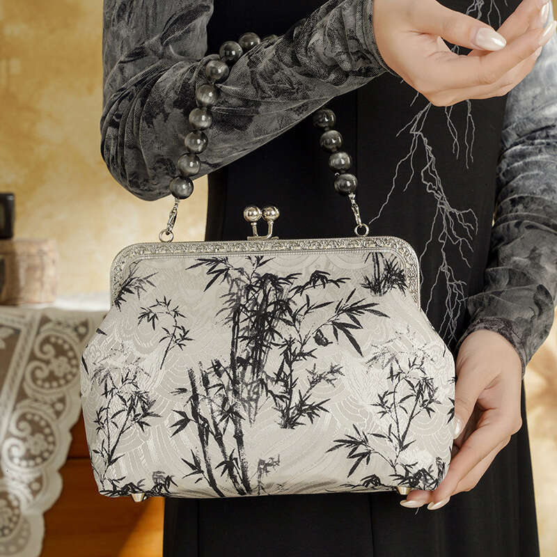 Ink-Dyed Bamboo Branch Chinese Style Hanfu Cheongsam Print Beaded Handbag Chinese Embroidery Fashion Bag Tote