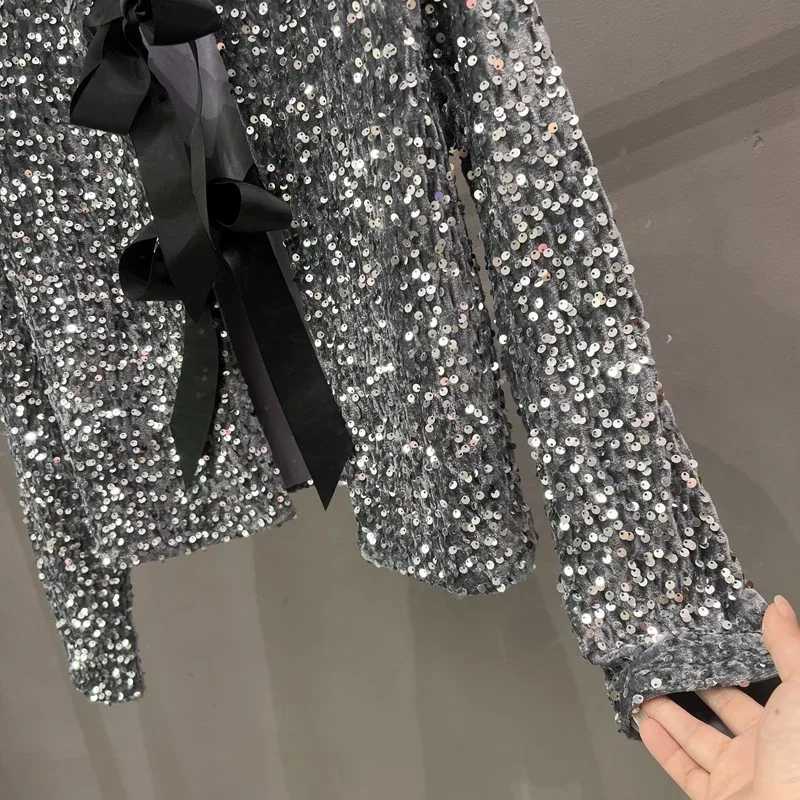 European and American Style Chic Sequined Small Suit Light and Mature Style BINGBING Sequined Lace-up Bow Top JacketT260328