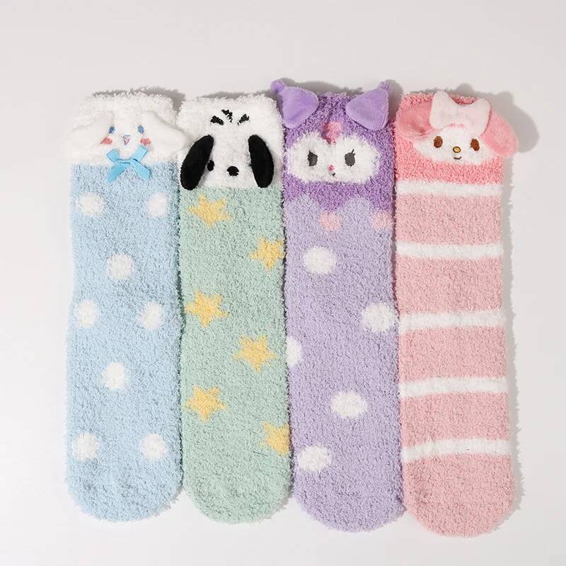 Designer 1 Pair Sanrio Socks Cute 3D Ears Cartoon Melody Autumn Winter Middle Socks Home Floor Coral Velvet Sweating Socks Gift