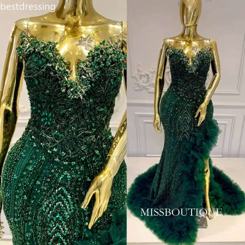 2026 Mermaid Emerald Green Prom Dresses For Black Women V Neck Robe De Mariee Formal Gowns Illusion Beaded Lace Side Split Robe De Soiree Luxe 0203 D0