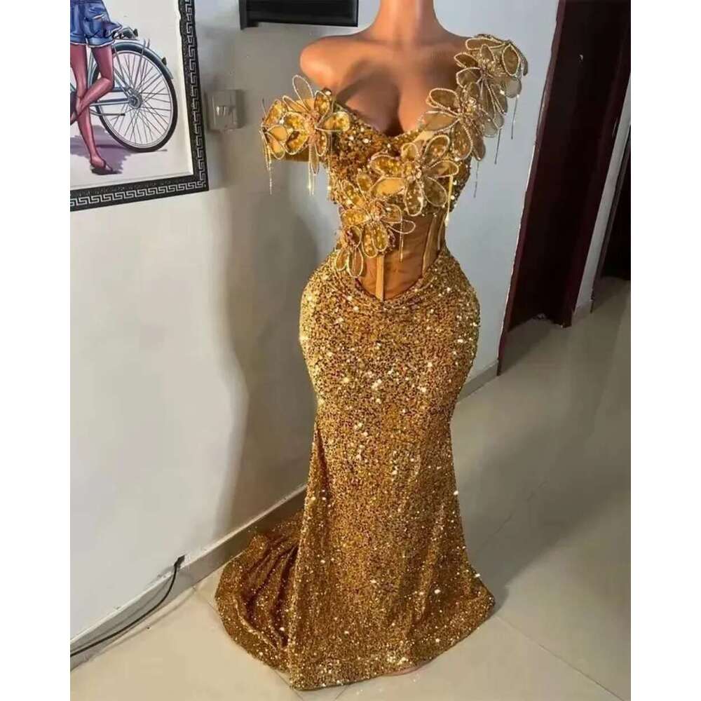 Sparkly Gold Long Prom Dress 2026 Beading Crystals Appliques Sequins Birthday Party Reception Gown Customized