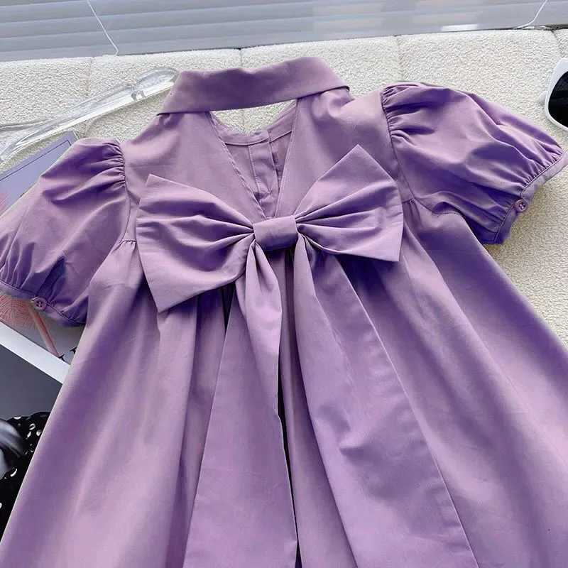 Big Size Summer Bow Decoration Teen-agers Girls Dress Small Lapel Design Casual Comfortable Princess Dress For 3-14 Years KidsT260330