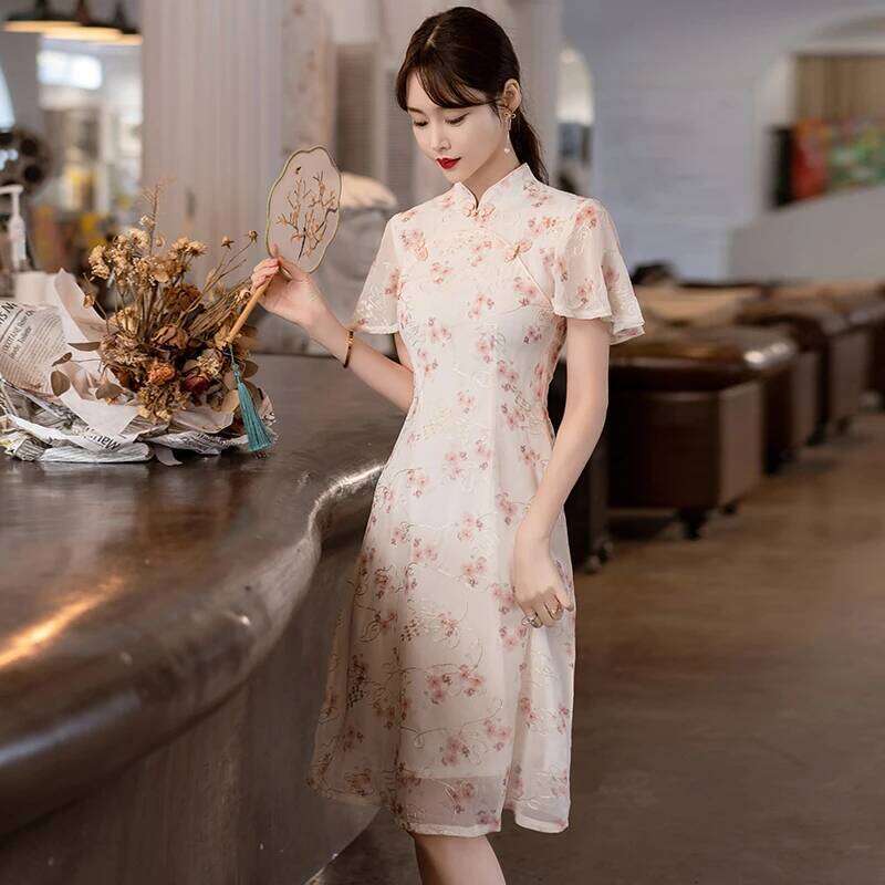 Summer Short Sleeve Qipao Fashion Modern Trend Ethnic Traditional Chinese Clothing Embroidery Cheongsam Dress For Women MAKOUFEI