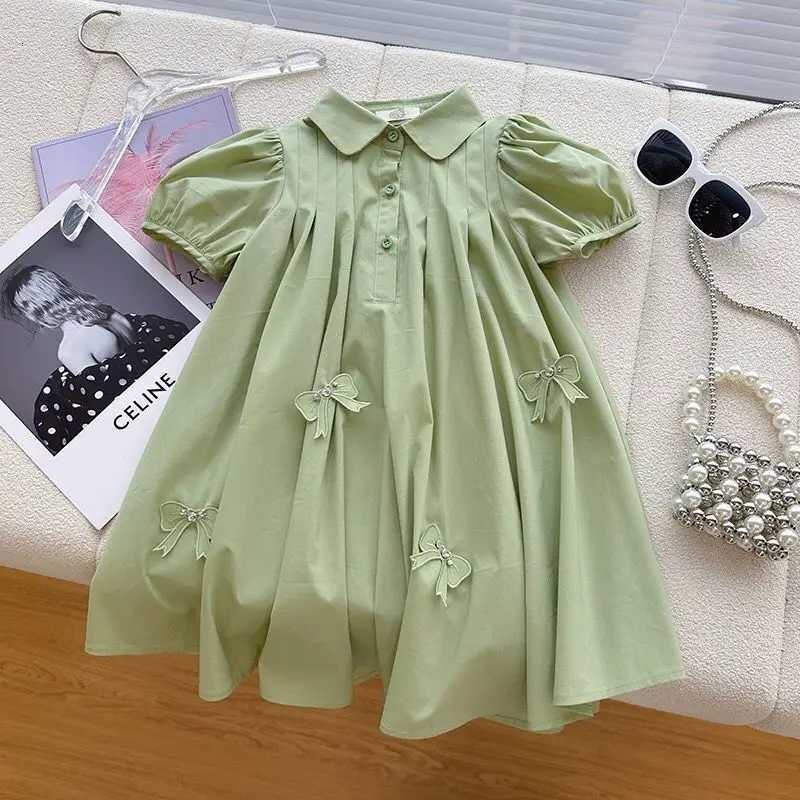 Big Size Summer Bow Decoration Teen-agers Girls Dress Small Lapel Design Casual Comfortable Princess Dress For 3-14 Years KidsT260330