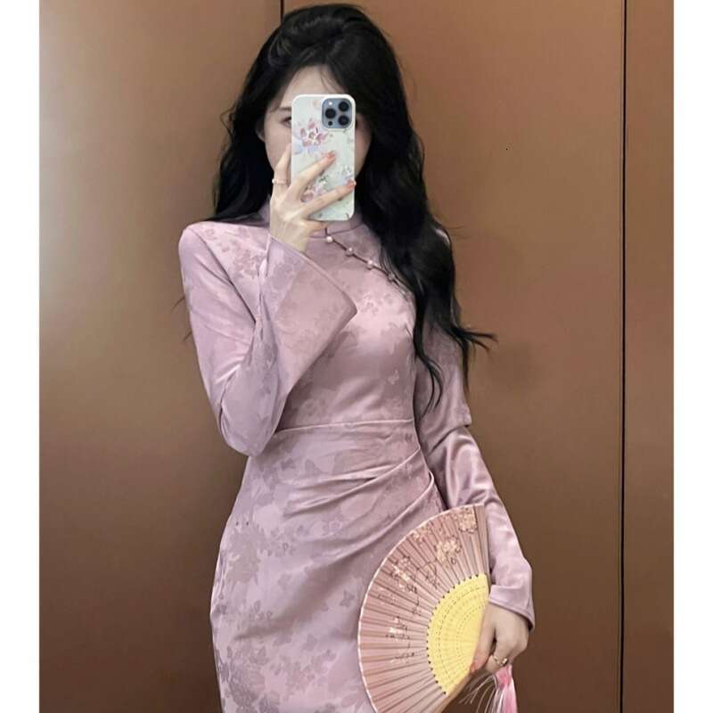 New Chinese Women's Clothing Spring Improved Cheongsam High-End Exquisite Elegant Socialite National Style Purple Button Dress Qipao Hanfu Silk