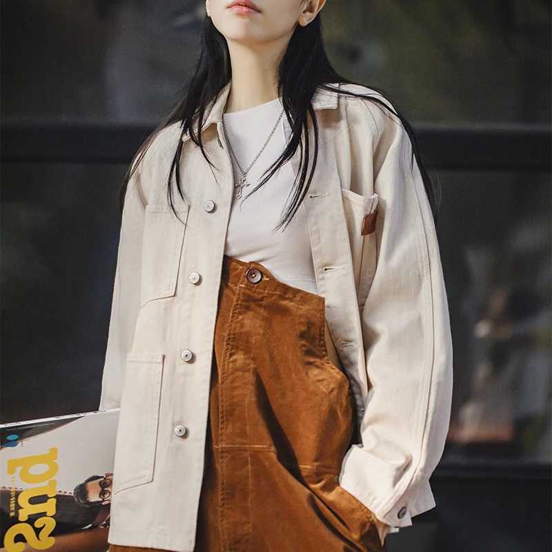 Maden Women Cotton Seed Shell Denim Jacket 135OZ 4-pocket Design Vintage Cargo Jackets Outdoor Streetwear White Denim CoatT260328