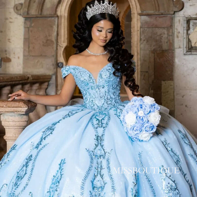 Sky Blue Shiny Princess Sweet 16 Dress Quinceanera Dresses Off The Shoulder Sequin Applique Lace Beading Crystal Tull Party Birthday Vestidos 15 De An