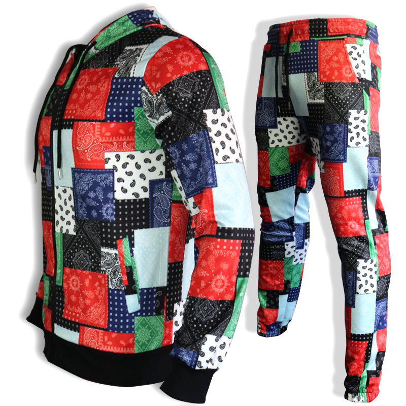 Men's sportswear autumn two-piece set: long-sleeved cashew pattern printed hoodie and pants, trendy quick-dry style