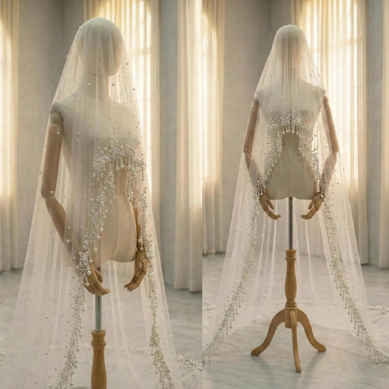Luxury Pearls Wedding Veil Lace Long Special Beaded Royal Bridal Veil with Comb Tassels Wedding Accessories For Women Customized