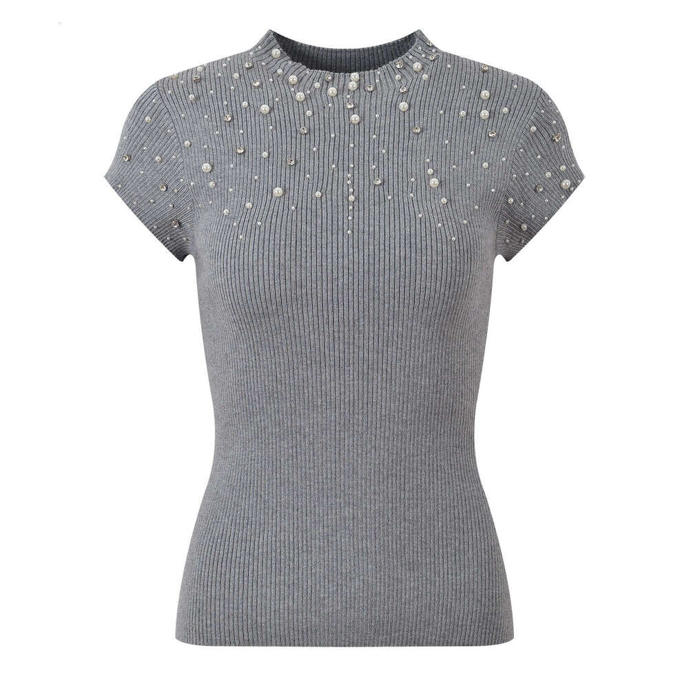 2026 Spring and Summer New Designer Fashion Casual k30 Style FC Pearl embellishment Slim Knitted Short Sleeve Top