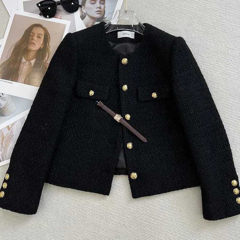 Black Tweed Jackets Womens Korean Fashion Metal Buckle Design Short Coats Woman Autumn Winter Single Breasted O-Neck OuterwearT260328
