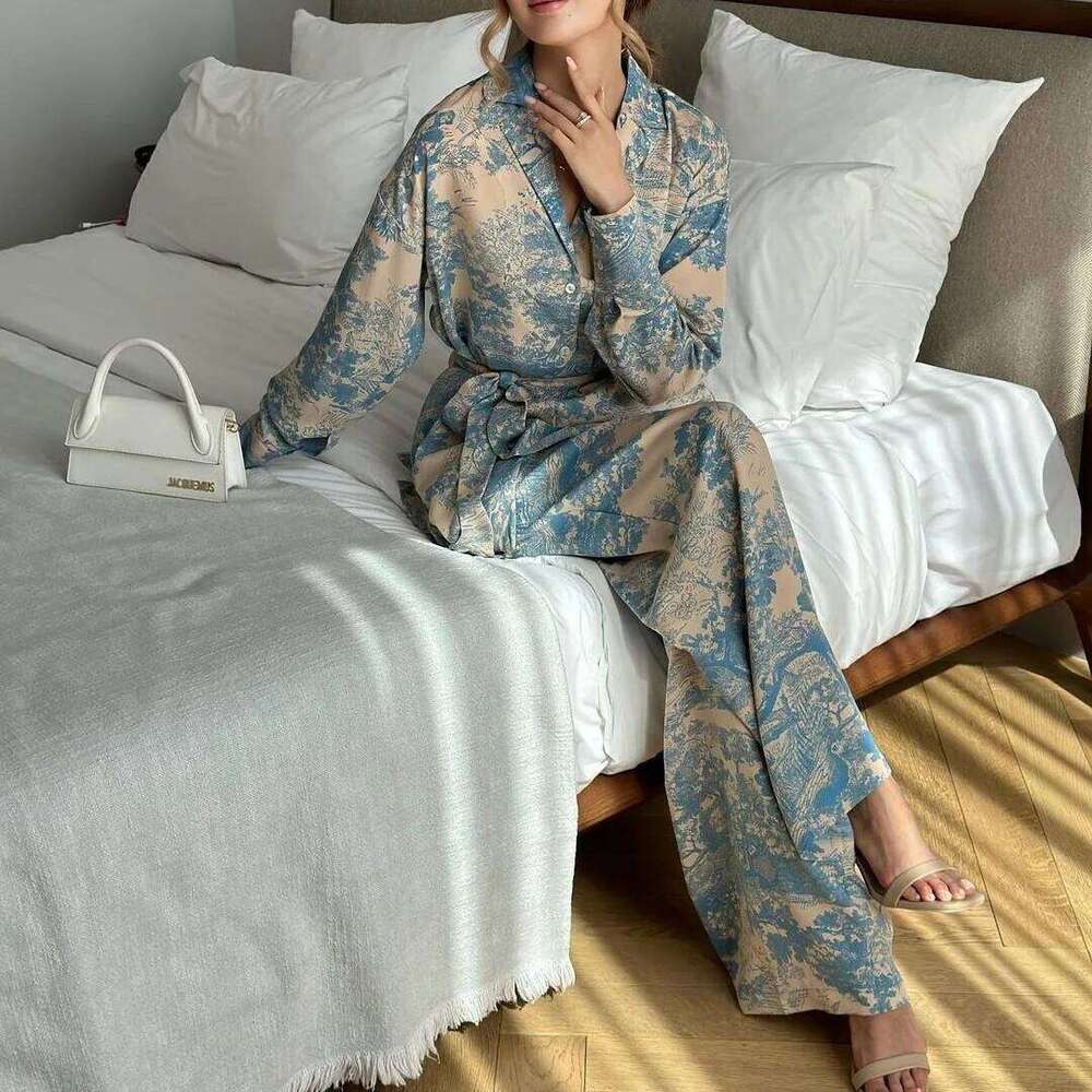 Print Flower 2Pcs Pajamas Set Sleepwear French V-Neck Fashion Women's Clothing Loose Satin Wide Leg Pants Pijamas Suit Homewear Asia Size