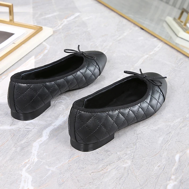 Fashion Stitching Woolen Womens Basic Black Soft Leather Ballet Shoes Flat Shoes Round Toe Shallow Bow Ballet Single Shoes 260323