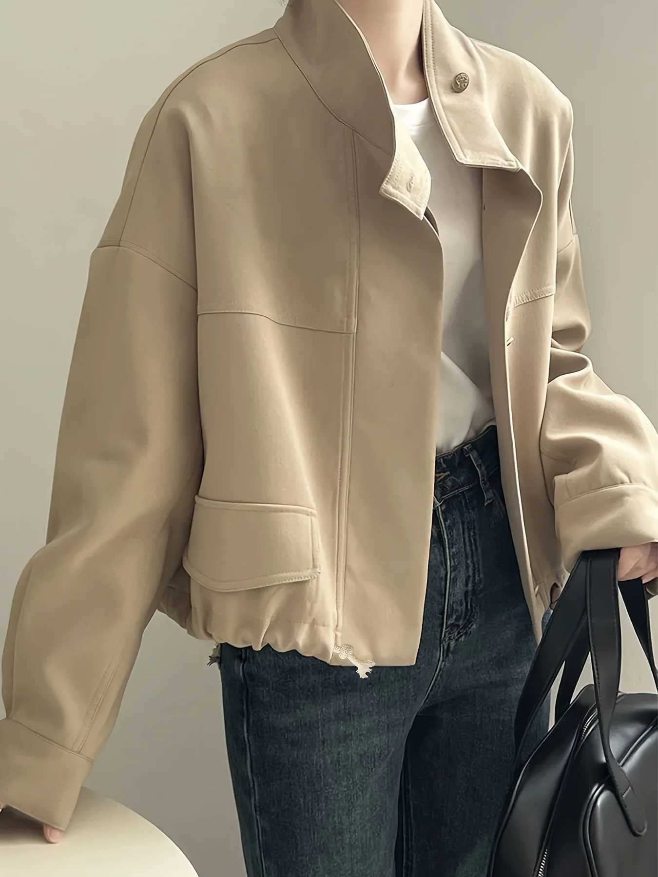 Womens Khaki Oversized Bomber Jacket Stand Collar Casual Short OuterwearT260328