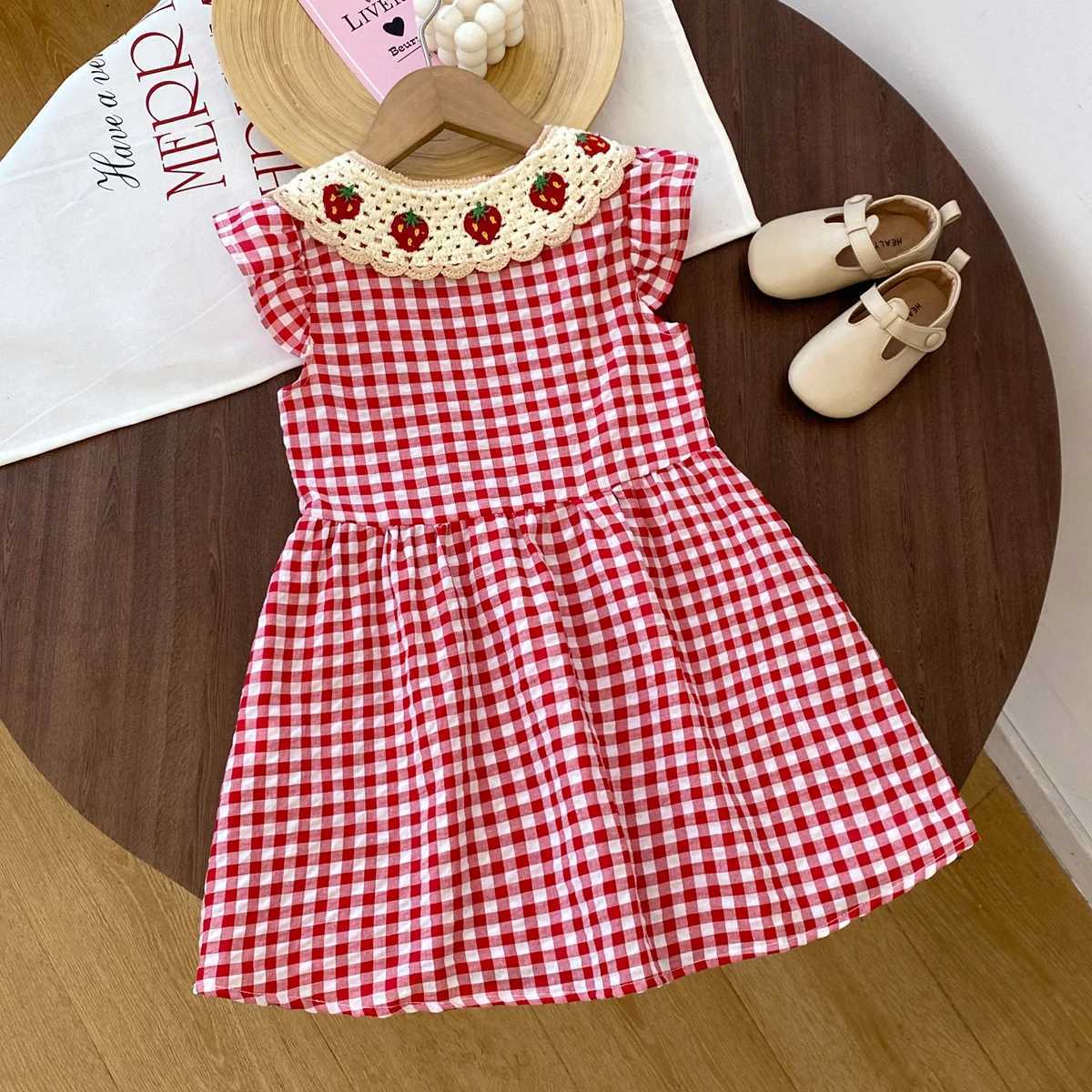 Humor Bear Girl Casual Dress 2026 New Fashion Strawberry Crochet Collar Plaid Flying Sleeve Dress Cute Outfits Girls VestidosT260330