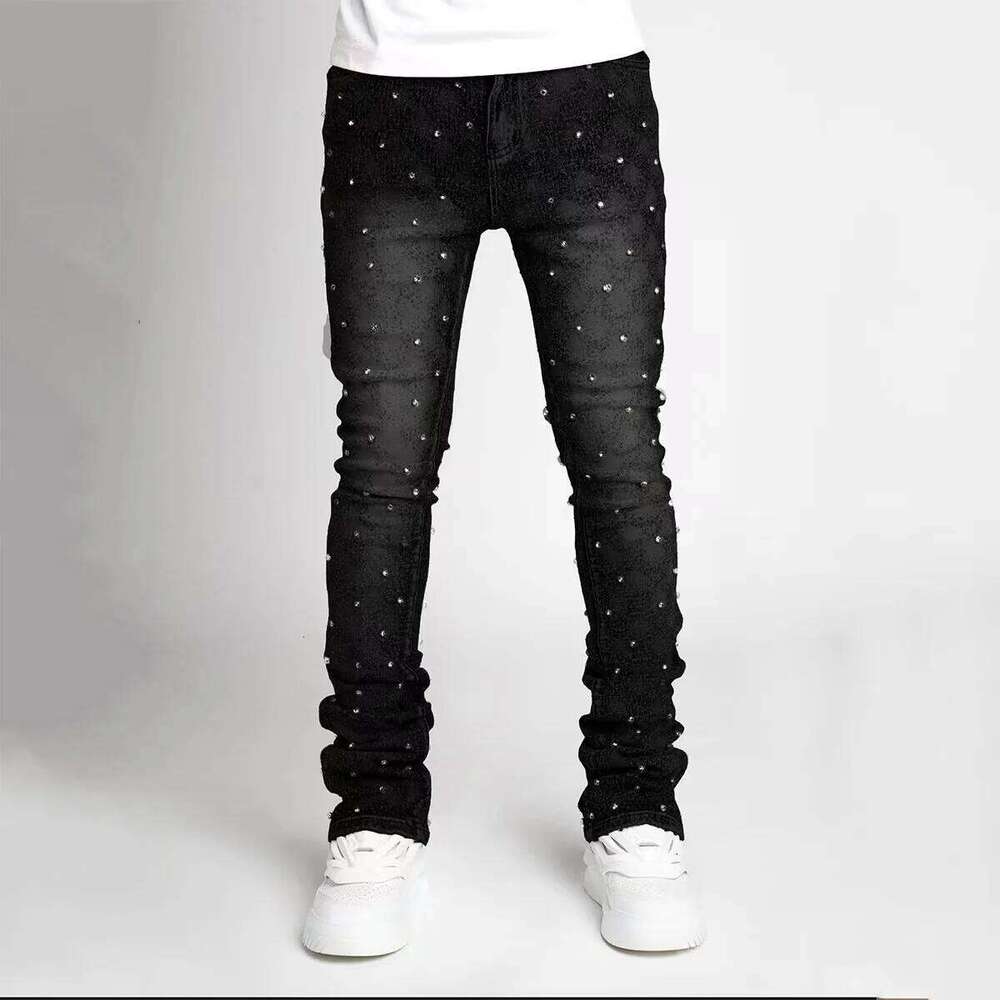 Blue Stretchy Pearls Skinny Jeans For Men New Fashion Rhinestone European Street Personality Stacked Denim Pants 26Y0330