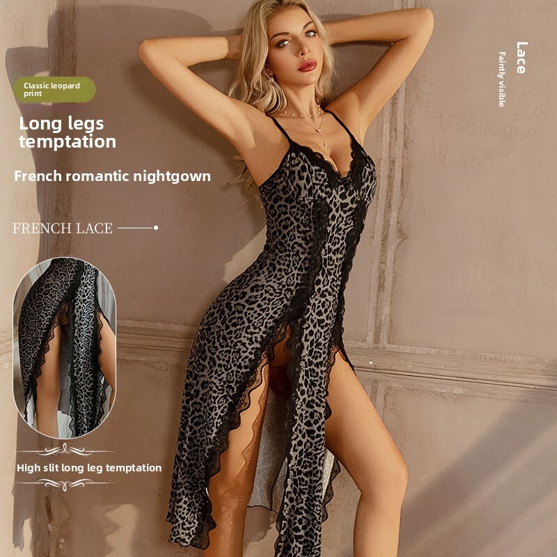 Elegant Women Sexy Leopard Print Sheer Mesh Nightgown Lace Trim Spaghetti Strap High Slit Maxi Dress Sleepwear Lingerie