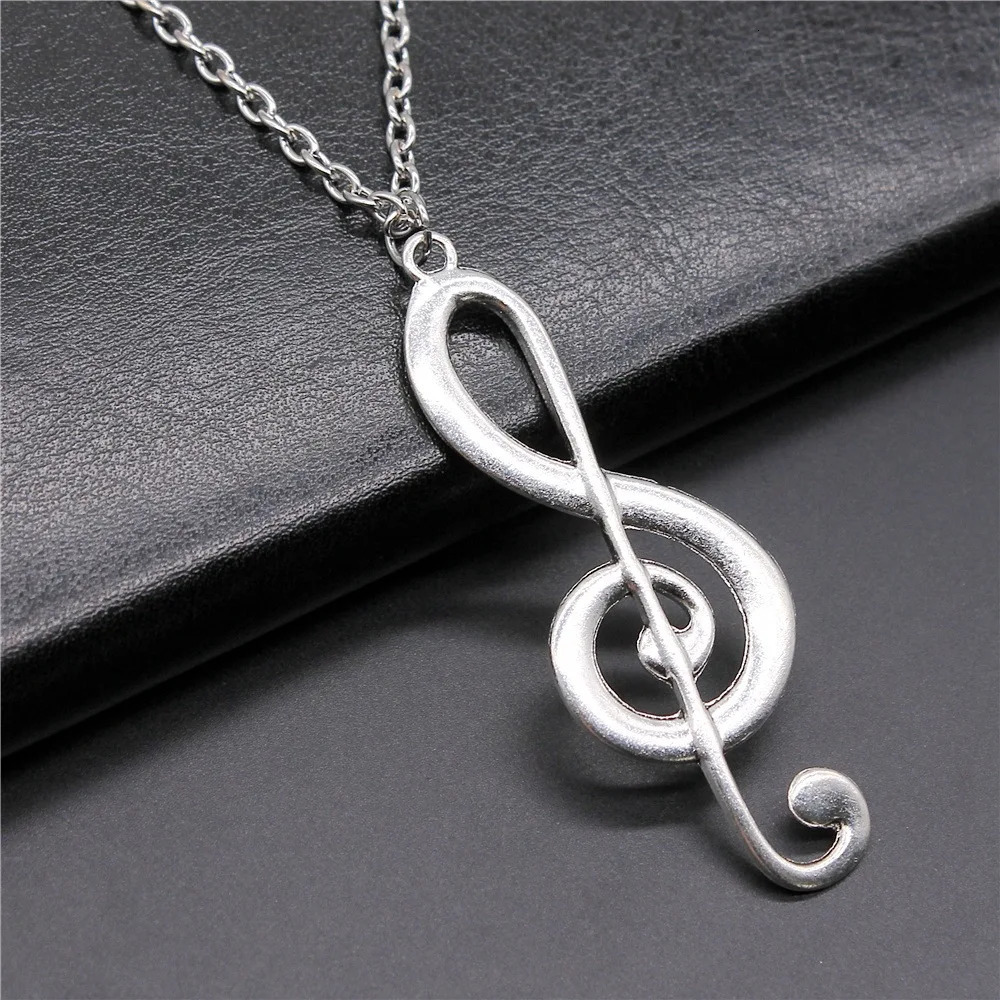 Vintage Antique Silver Plated 61x22mm Big Musical Note Pendant Necklace For Women Men Long Chain Trendy Jewelry Accessories 260327