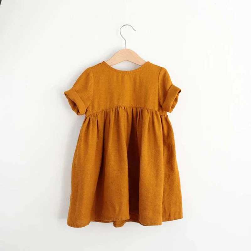 New Fashion Girls 100 Cotton Dress Solid Color Childrens Casual Short-Sleeve Pleated Dresses WT016T260330