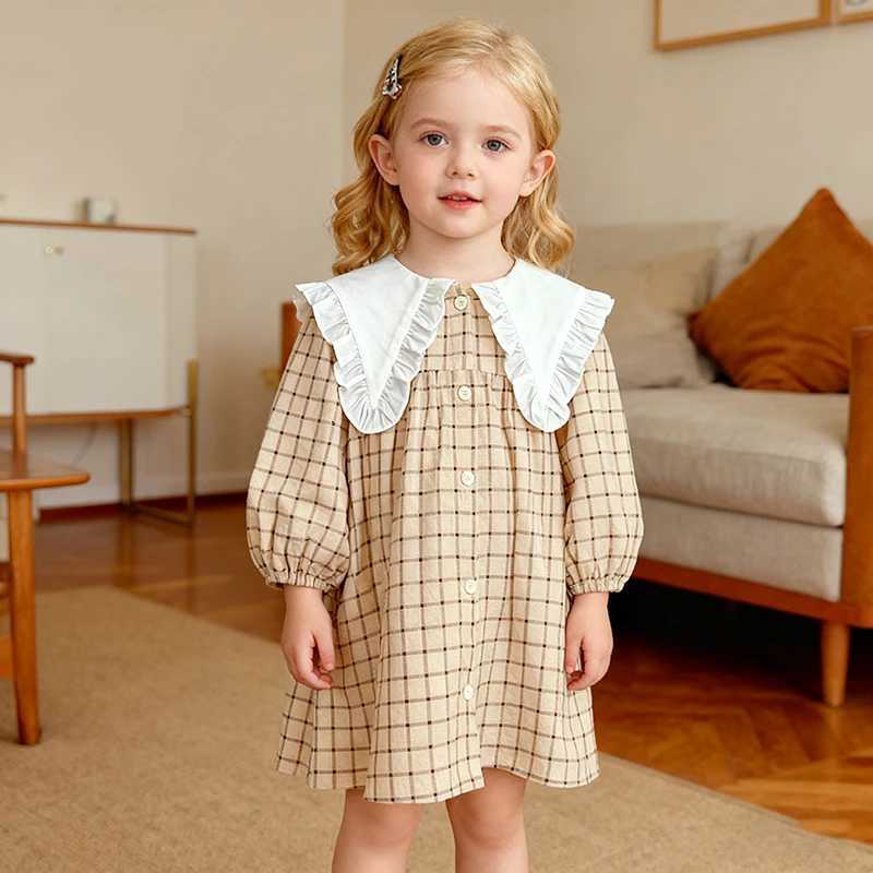 2026 New Spring Children Clothes Girl Party Cotton Embroidery Dress 2-6Yrs Long Sleeved Plaid Kids Princess Big Lapel DressesT260330