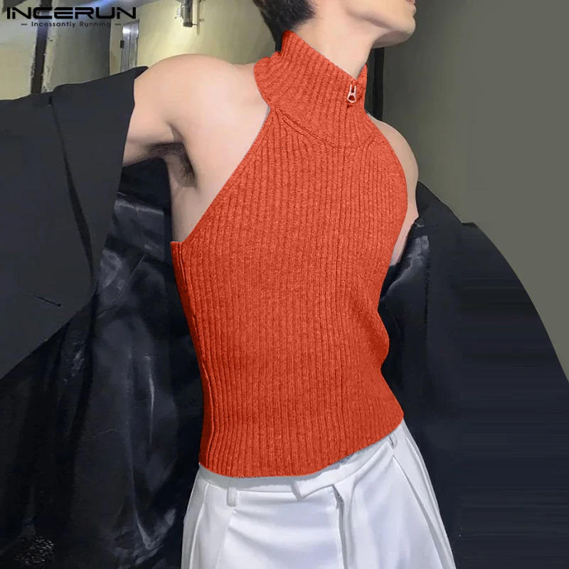 INCERUN Tops 2025 Korean Style Fashion Mens Knitted Texture Hanging Neck n Vests Casual Streetwear Solid Zipper Tank 260312