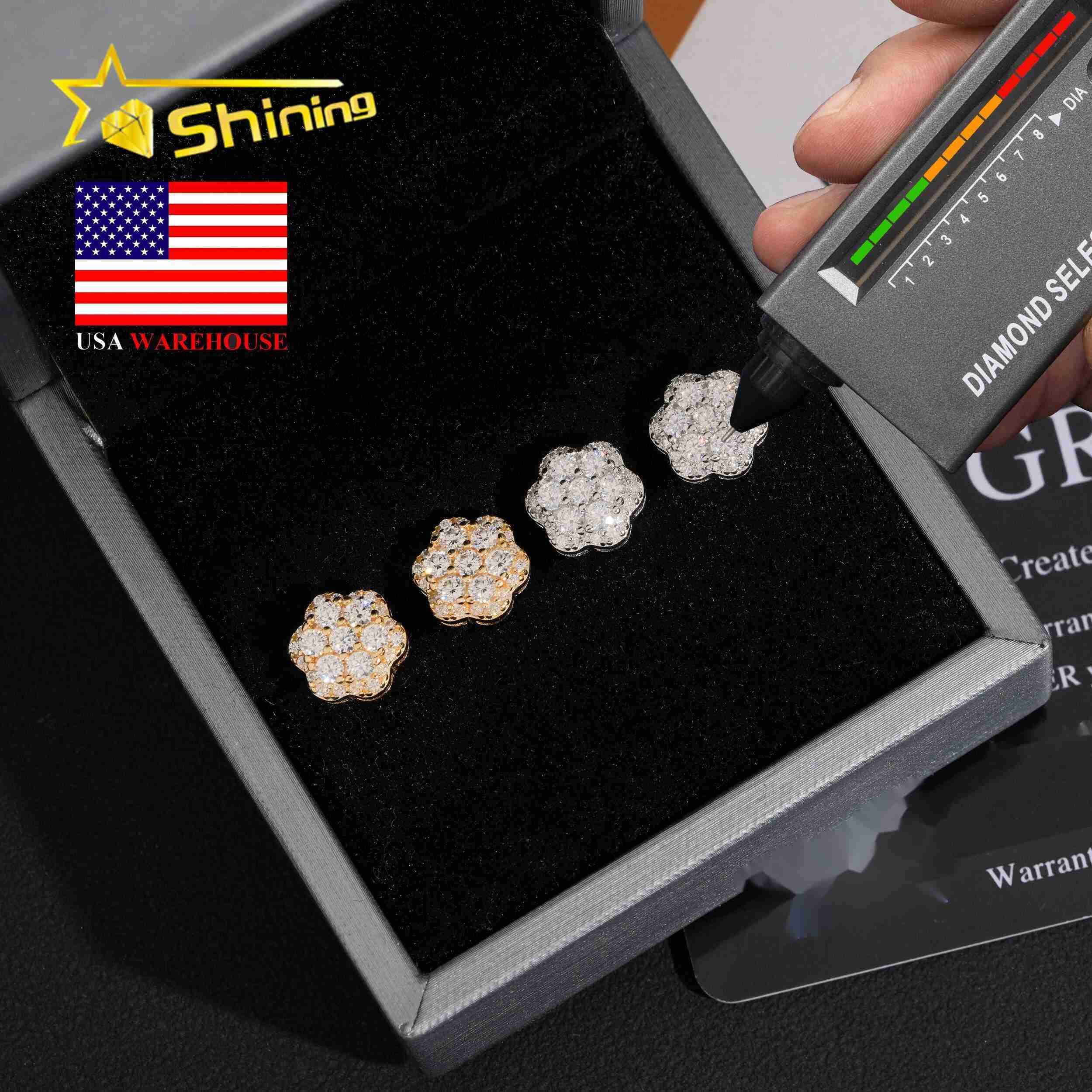 USA Warehouse Local Shipping 925 Sterling Silver Gold Plated Pass Diamond Test Moissanite Flower Cluster Screw Back Stud Earring