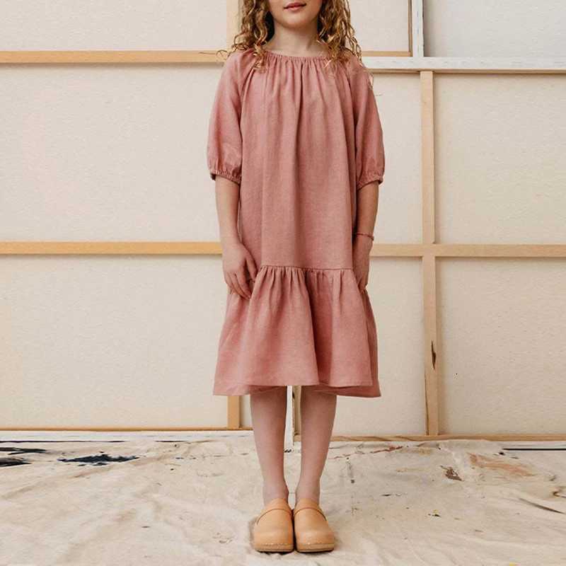 Summer Girls Soft Linen Ruffle Dress 2026 New Childrens Puff Sleeve Casual Loose Cotton And Linen Gather Dresses TZ255T260330