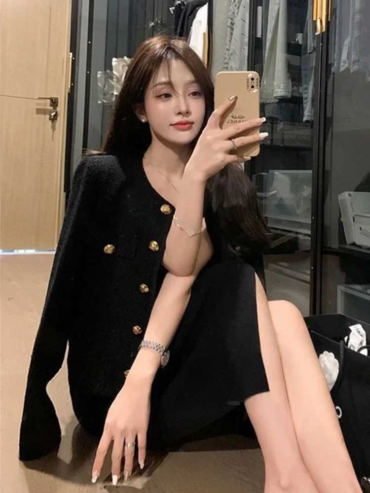 Simple Solid England Tweed Jacket Women Elegant Buttons Long Sleeve Sweet Coat Casual O Neck Fashion Loose Fall Winter TopT260328