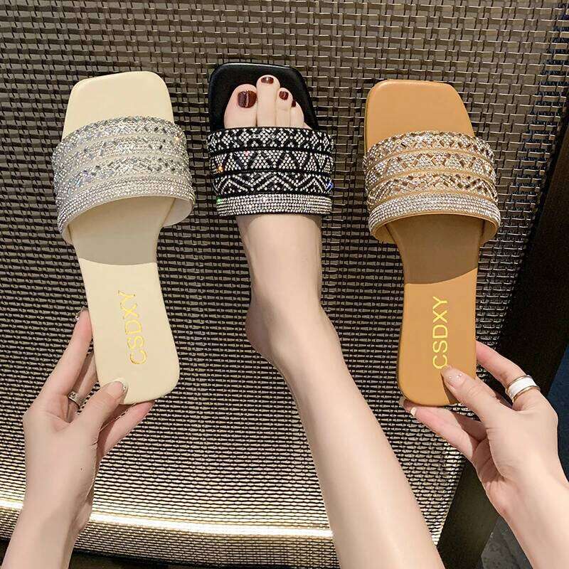 Women Bling Rhinestone Decor Slide Sandals Summer Fashion Casual Outdoor Office Party Elegant Sexy 2026 New Light Flats Beige