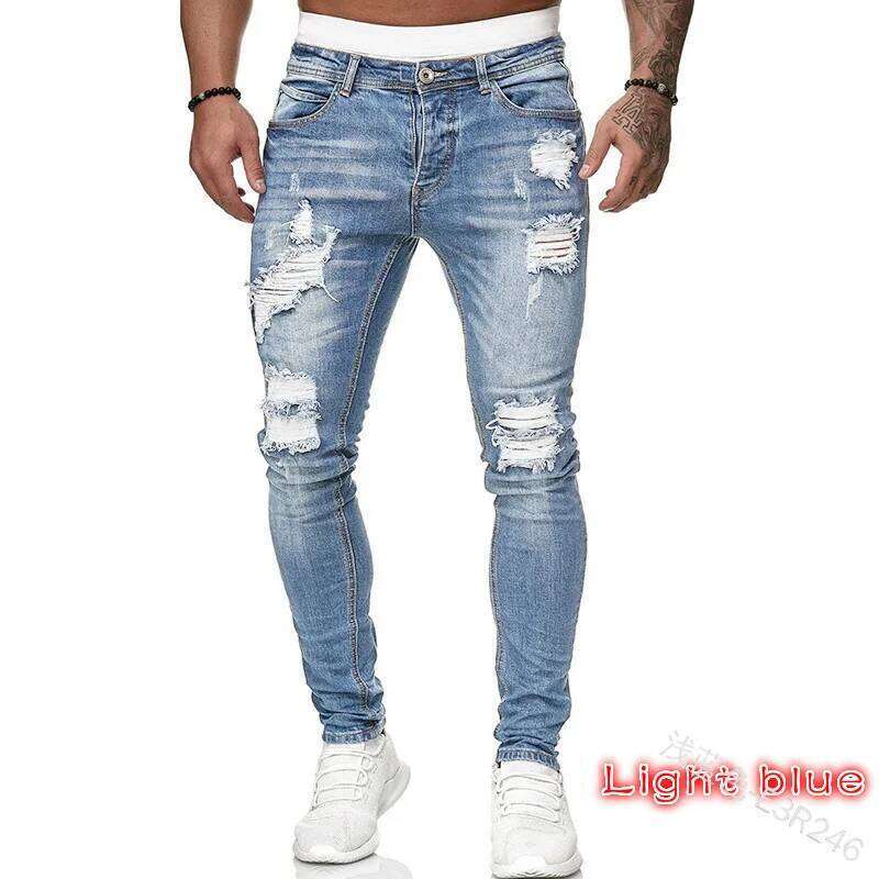 Men Jeans Knee Hole Ripped Stretch Skinny Denim Pants Solid Color Black Blue Autumn Summer Hip-Hop Style Slim Fit Trousers S-4XL 26Y0330