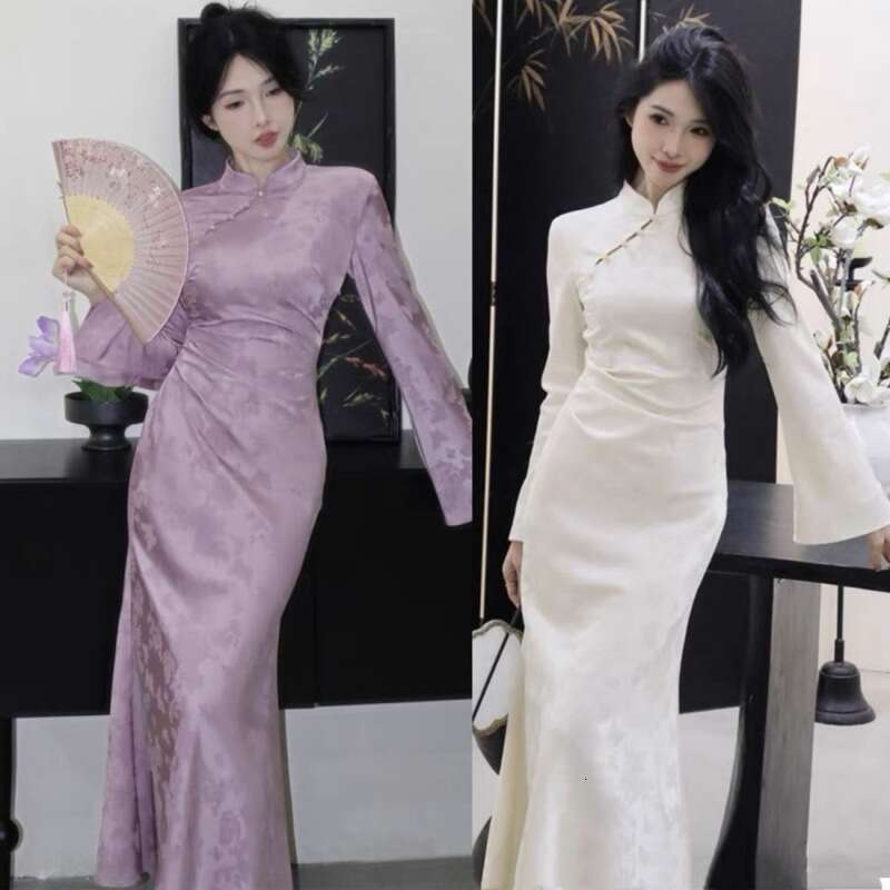 New Chinese Women's Clothing Spring Improved Cheongsam High-End Exquisite Elegant Socialite National Style Purple Button Dress Qipao Hanfu Silk