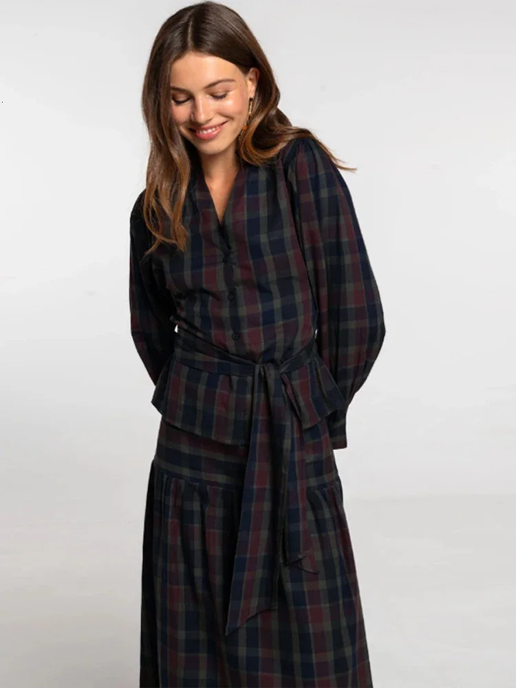 Women Casual Pleated Checkered Lace Up Suit Elegant Long Lantern Sleeves Slimfit Set Autumn Office Lady Commuteoutfits 260326