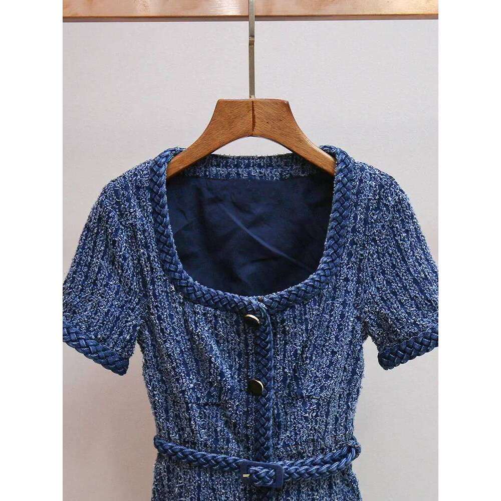 Women's Tweed Square Collar Mini Dress French Slim Fit Braided Rope Trim Ladies Short Sleeve Robe Mdng260330