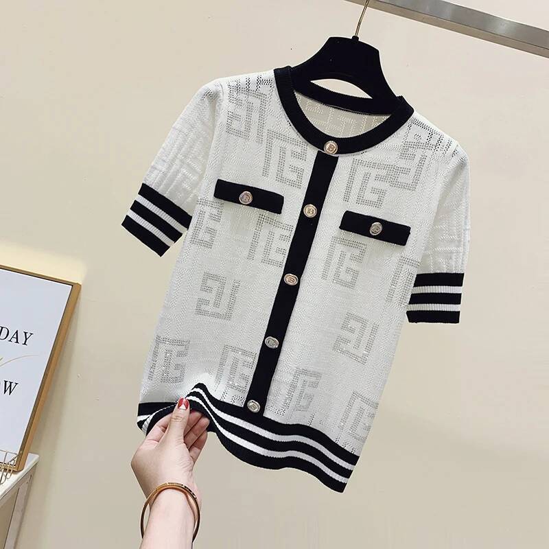 New Chic 2025 Fashion Summer Contrast Small Fragrance Ice Sweater Women's Versatile Thin Hollow Out Short Sleeve T Shirts